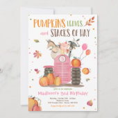 かぼちゃ農場パーティー ピンクトラクター 誕生日パーティー 招待状 (正面)