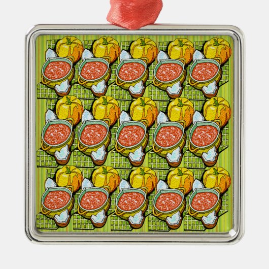 かぼちゃ、スープ、縞模様の背景 メタルオーナメント (正面)