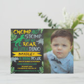 かみつき＆スタンプ！恐竜男子の4歳誕生日写真 招待状 (スタンド正面)
