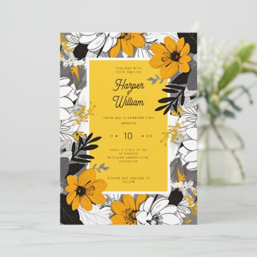 からし黄色の黒と白の結婚花 招待状 (スタンド正面)