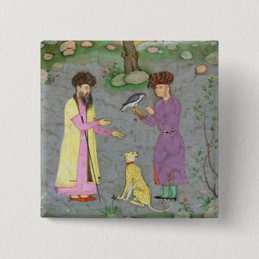 からの友達およびペットチータを持つファルコナー、 缶バッジ (正面)