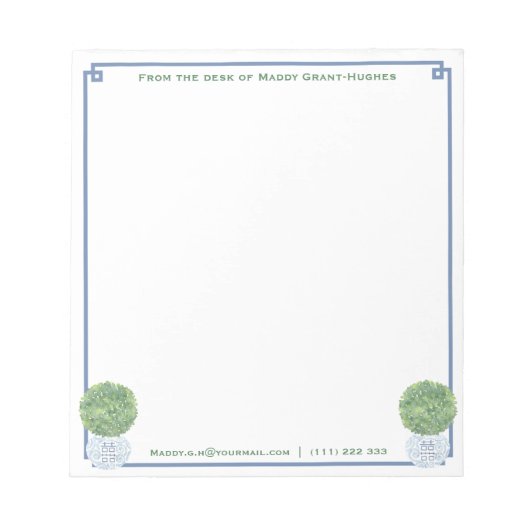 ～からの手紙 |シックな青いギリシャの鍵ボクウッドトピアリー ノートパッド (正面)