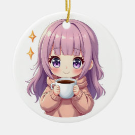 かわいいあったかコーヒーガール – パステルデザインのステッカー セラミックオーナメント