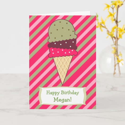 かわいいいちごのストライプなアイスクリームコーンの誕生日 カード (黄色い花)
