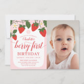 かわいいいちごの1歳の誕生日フォト 招待状 (正面)