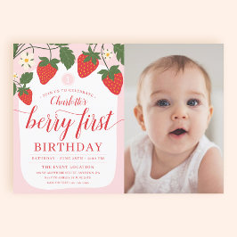 かわいいいちごの1歳の誕生日フォト 招待状