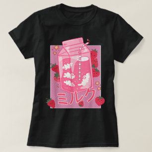 かわいいいちごミルクの日本風デザイン Tシャツ