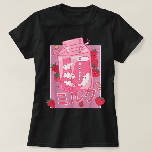 かわいいいちごミルクの日本風デザイン Tシャツ (デザイン正面)
