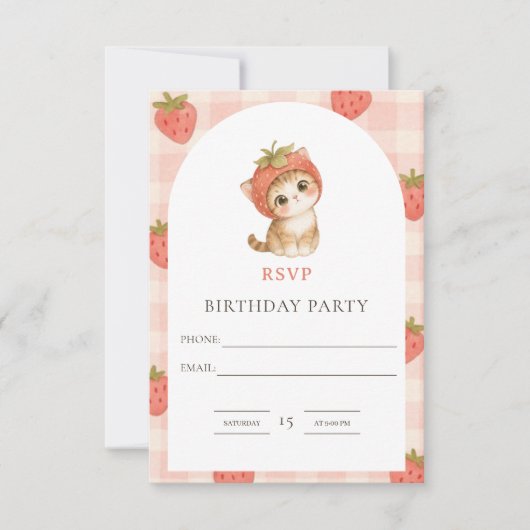 かわいいいちご猫の誕生日 出欠カード (正面)