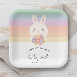 かわいいうさぎが1歳の誕生日を迎える レインボーバースデー ペーパープレート
