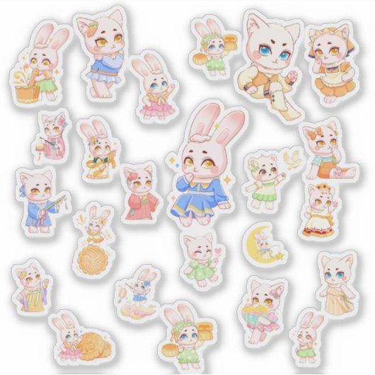 かわいいうさぎとねこのステッカー シール (正面)