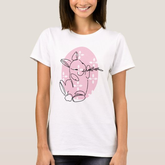 かわいいうさぎの線画 ピンクの卵 春 Tシャツ (正面)