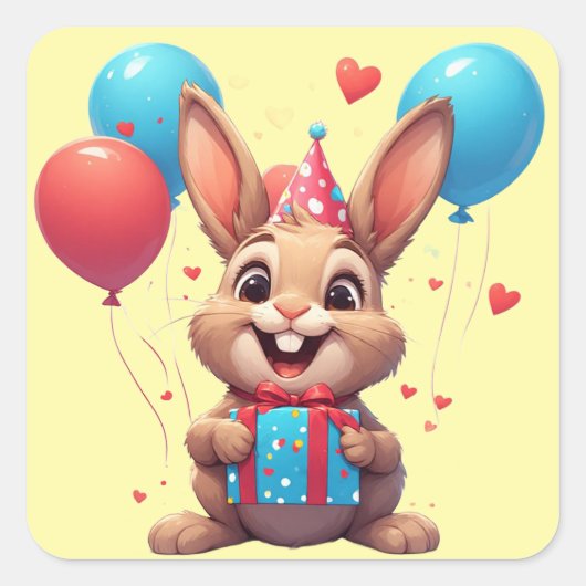 🎈 かわいいうさぎの誕生日パーティーテーマ スクエアシール (正面)