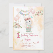 かわいいうさぎの1歳の誕生日招待状カード
