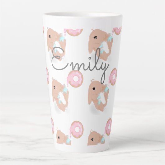 かわいいうさぎアニメのバニードーナツパターン子供ズマグ カフェラテマグ (正面)