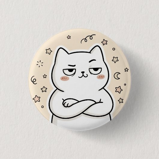 かわいいおこりんぼ白猫かわいい丸いバッジ 缶バッジ (正面)