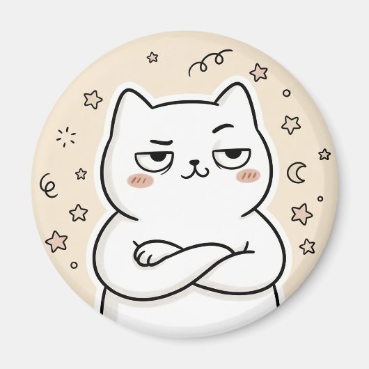 かわいいおこりんぼ白猫カワイイ丸型マグネット マグネット (正面)