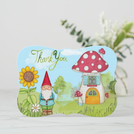 かわいいおとぎ話の小妖精や小人の格言およびきのこは感謝していしています サンキューカード (スタンド正面)