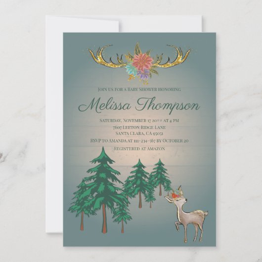 かわいいおとぎ話の森の鹿の動物のベビーシャワー 招待状 (正面)