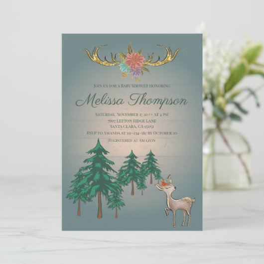かわいいおとぎ話の森の鹿の動物のベビーシャワー 招待状 (スタンド正面)