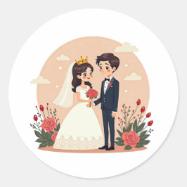かわいいおとぎ話の花嫁と花婿 - Kawaiiスタイル ラウンドシール