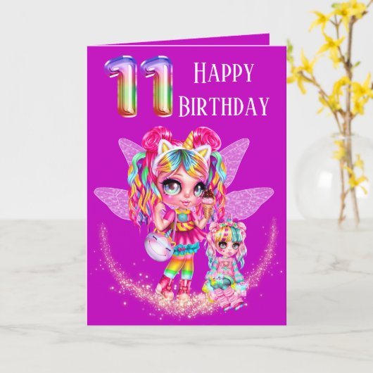 かわいいおとぎ11歳の誕生日虹アニメ魔法 カード (黄色い花)