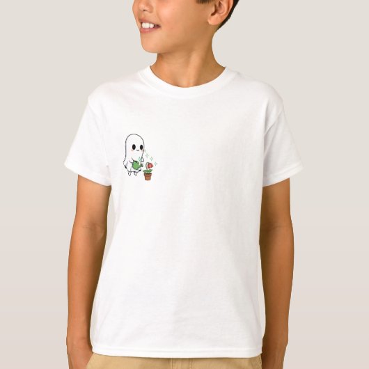 かわいいおばけがお花に水やりをする子供服 Tシャツ (正面)