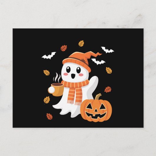 かわいいおばけがアイスコーヒーを飲むハロウィン ポストカード (正面)