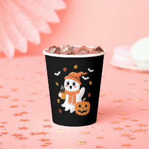かわいいおばけがアイスコーヒーを飲むハロウィン 紙コップ