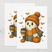 かわいいおばけがコーヒーを飲むハロウィン シーズンカード (正面/裏面)