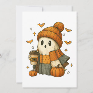 かわいいおばけがコーヒーを飲むハロウィン シーズンカード