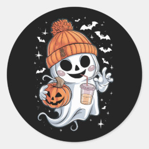 かわいいおばけがコーヒーを飲む ハロウィン アイスコーヒー ラウンドシール