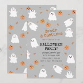 かわいいおばけとカボチャのグレーハロウィンパーティー 招待状 (正面/裏面)