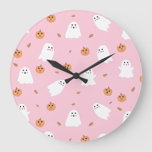 かわいいおばけとカボチャのピンクハロウィン柄 ラージ壁時計 (正面)