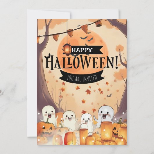 かわいいおばけとカボチャ畑のハロウィンパーティー招待状 招待状 (正面)