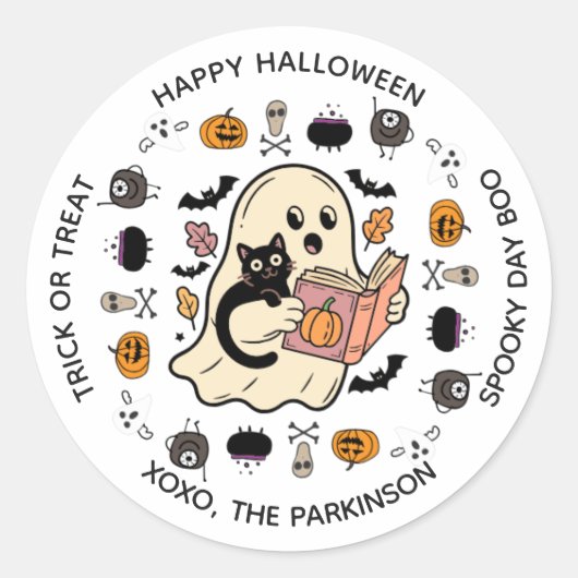 かわいいおばけとネコの丸ステッカー – ハロウィンの読書 ラウンドシール (正面)