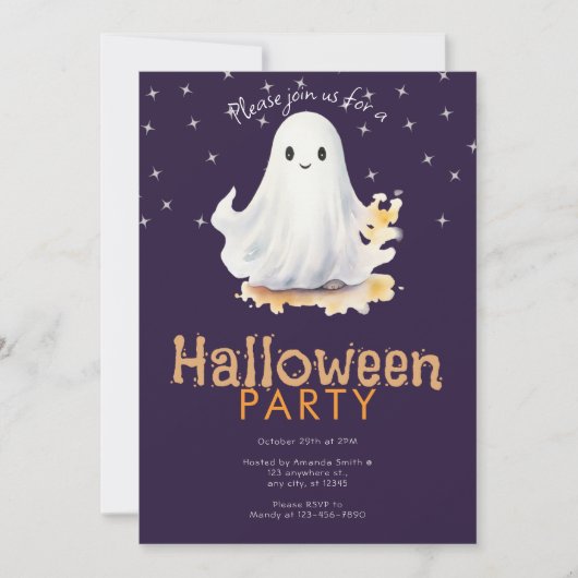 かわいいおばけと星の紫のハロウィンパーティー 招待状 (正面)