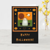 かわいいおばけと猫のハロウィンカード カード (黄色い花)