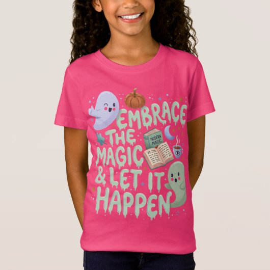 かわいいおばけと魔法の本のハロウィーン女子Tシャツ Tシャツ (正面)