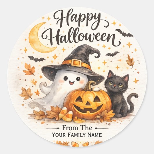 かわいいおばけと黒猫のハロウィンステッカー ラウンドシール (正面)