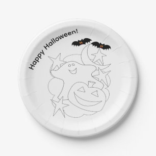 かわいいおばけのかぼちゃコウモリのハロウィンぬりえ ペーパープレート