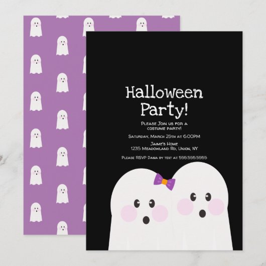 かわいいおばけのカップル ハロウィンパーティー 黒+紫 招待状 (正面/裏面)