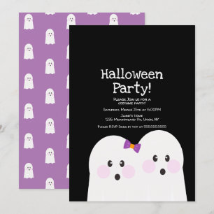 かわいいおばけのカップル ハロウィンパーティー 黒+紫 招待状
