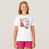 かわいいおばけのハロウィンの幽霊、かぼちゃ、お菓子 Tシャツ (正面フル)