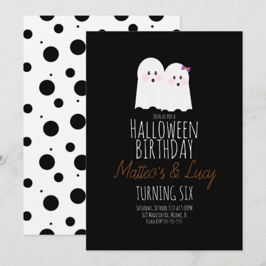 かわいいおばけのハロウィンツインズの子供の誕生日 招待状 (正面/裏面)
