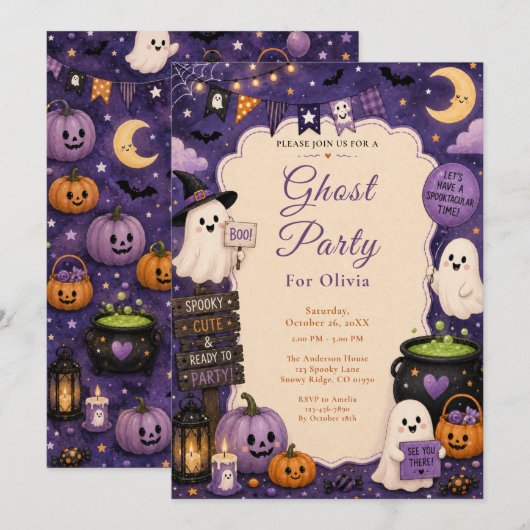 かわいいおばけのハロウィンパーティー 招待状 (正面/裏面)