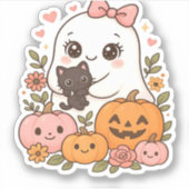 かわいいおばけのハロウィン黒猫カボチャの秋のホラー シール (正面)