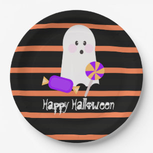 かわいいおばけのハロウィン オレンジ 黒のストライプ ペーパープレート
