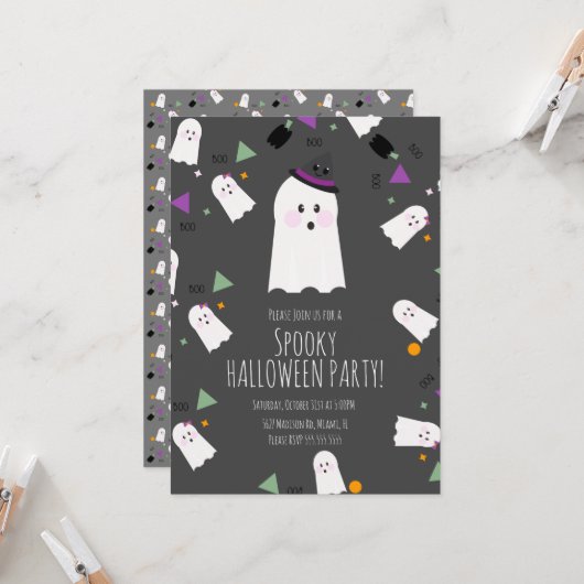 かわいいおばけのハロウィン 誕生日 コスチューム 魔法使い 招待状 (正面/裏面インサイチュ)