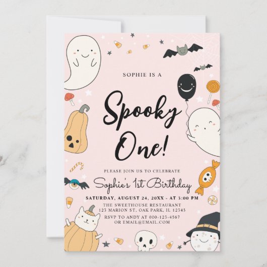 かわいいおばけのハロウィーンスプーキーな1歳の誕生日パーティー 招待状 (正面)
